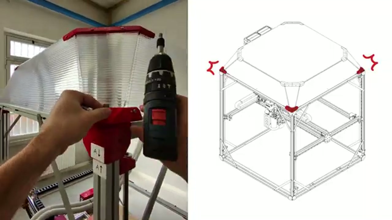A cordless drill fixing the enclosure at a top corner of the frame, beside an isometric drawing marking the four top corners