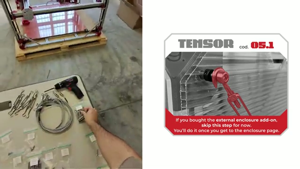 Assembly manual panel for the tensioner, part code 05.1, with a note that owners of the external enclosure add-on should skip the step and do it after fitting the enclosure