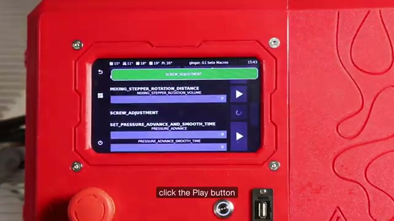 KlipperScreen macros menu showing screw_adjustment and other calibration macros