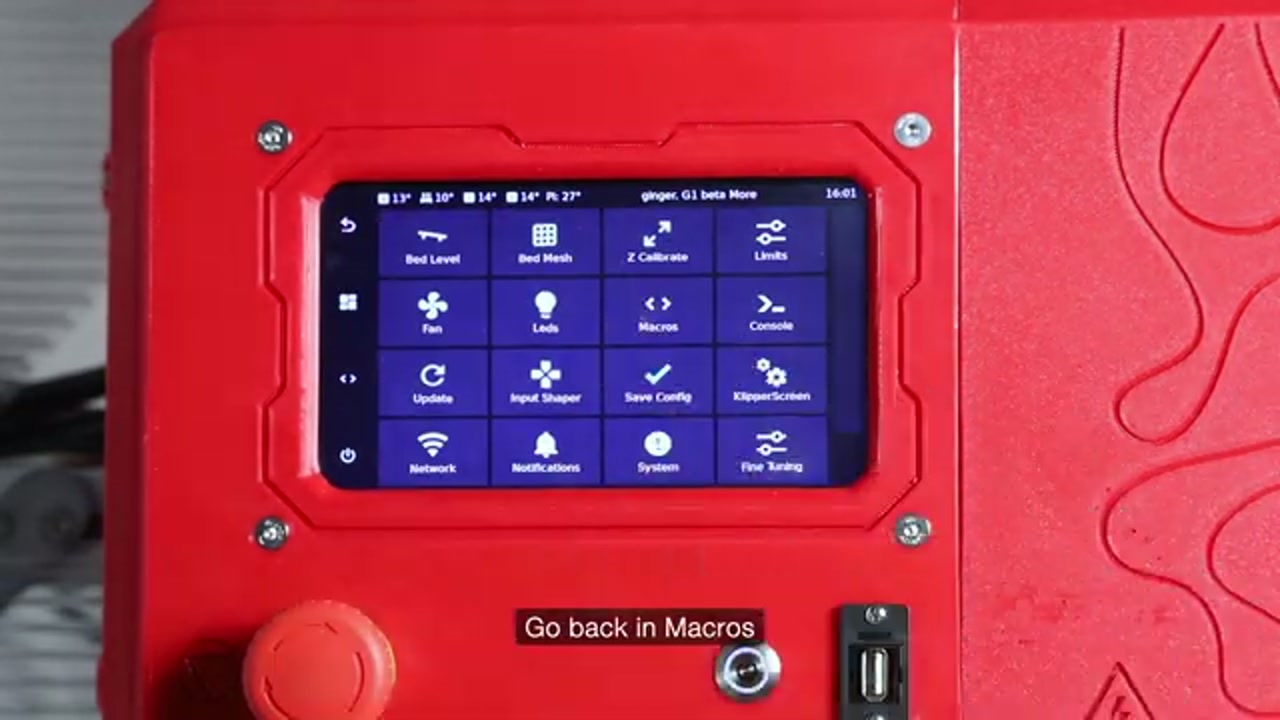 KlipperScreen More menu showing Bed Level, Bed Mesh, Z Calibrate, Save Config and other options