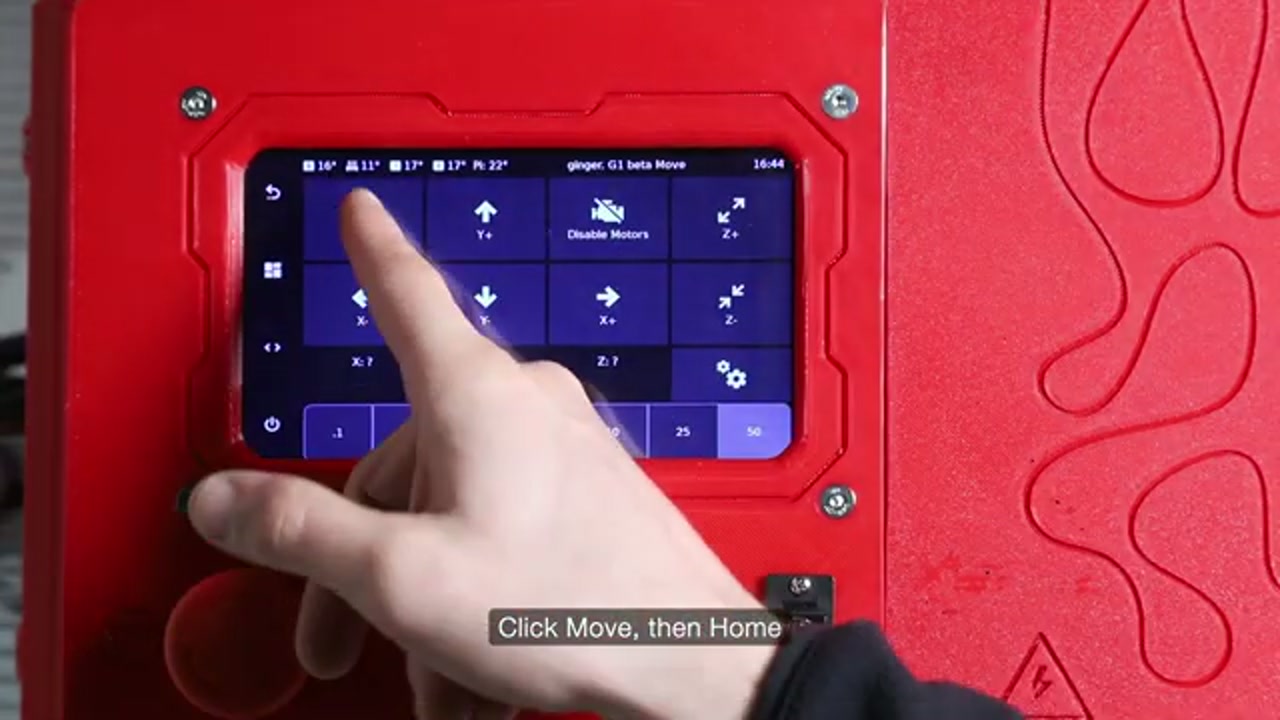 KlipperScreen home screen — tap More to access Bed Level and other calibration options