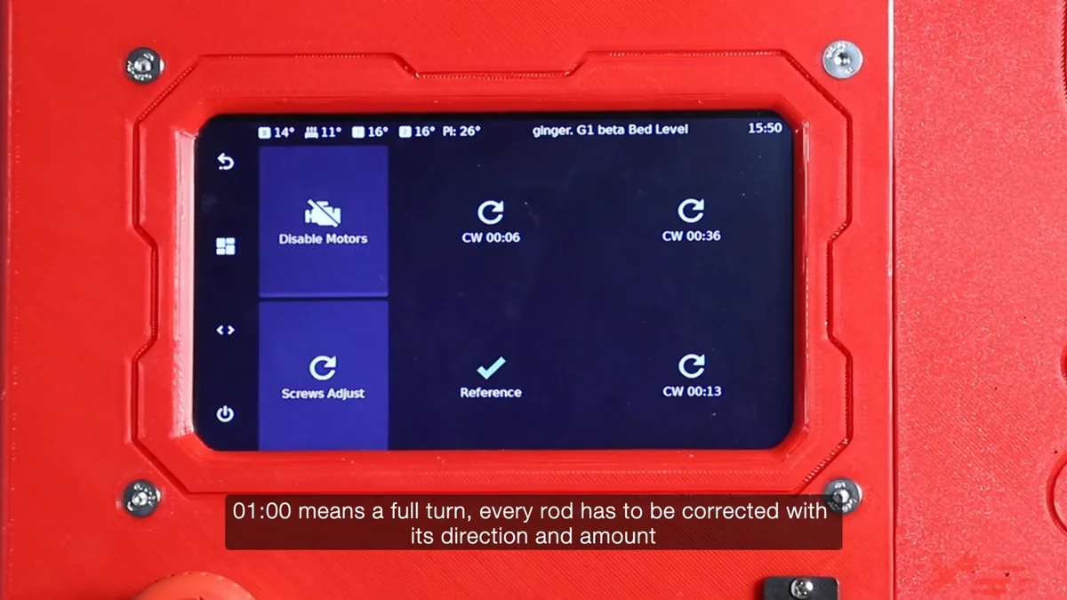 The display after Screws Adjust: one corner ticked as Reference, the other three showing CW 00:06, CW 00:36 and CW 00:13, with a Disable Motors button