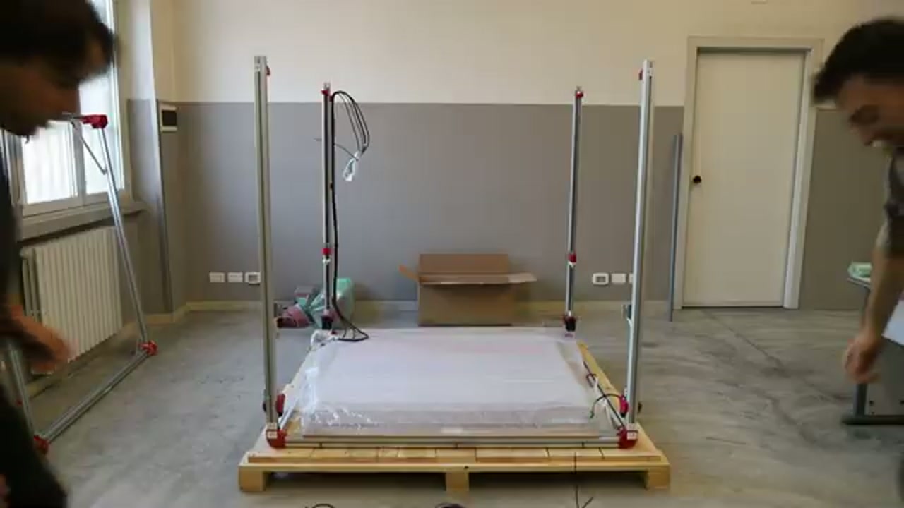 G1 frame fully erected during assembly — four vertical columns standing on base