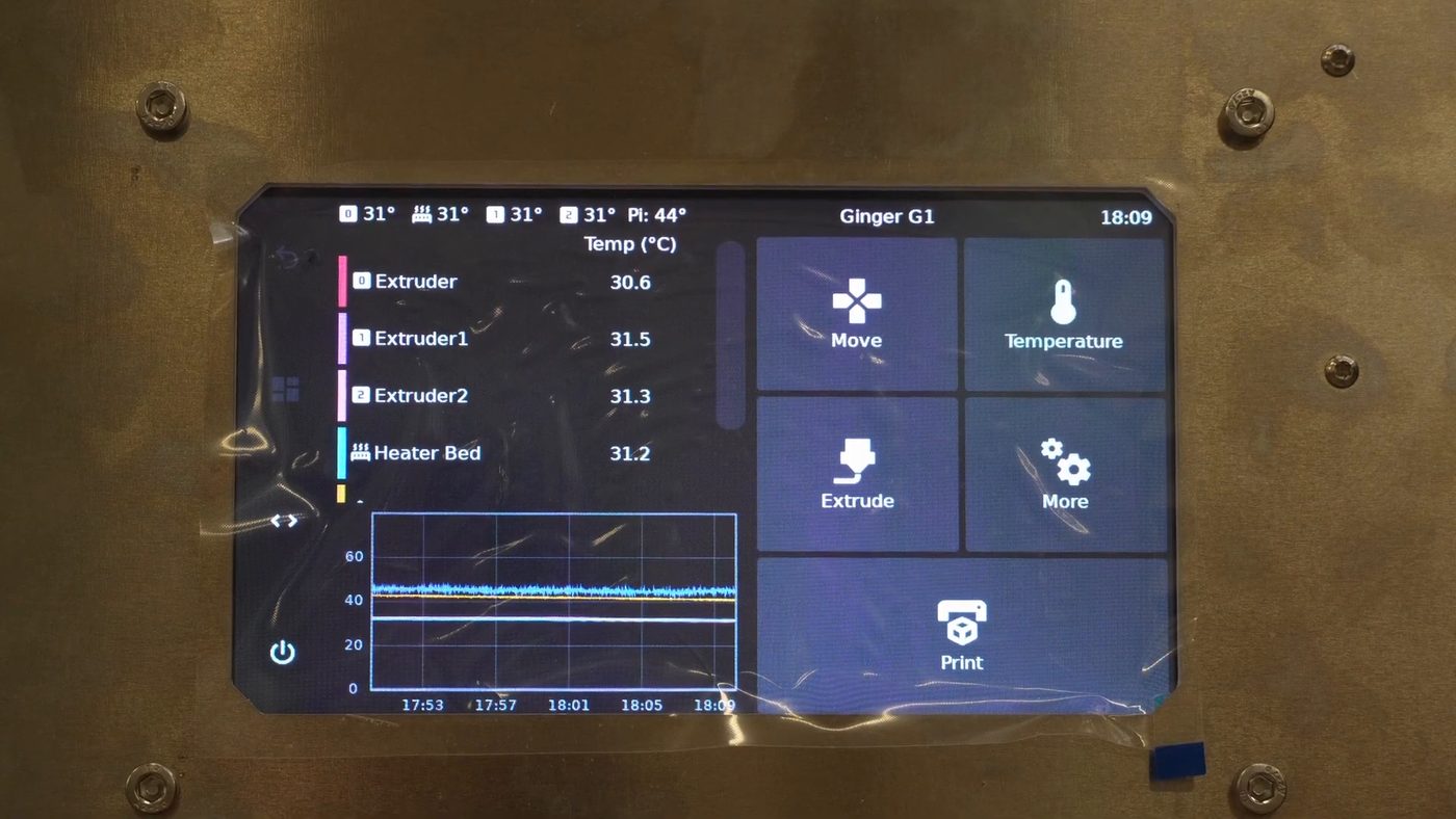 The G1 display showing the temperature list: Extruder, Extruder1 and Extruder2 with their current values, alongside Heater Bed