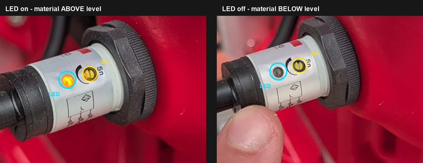 Side-by-side close-up of the G1 hopper level probe. On the left the indicator LED is lit orange, meaning material is above level. On the right the same LED is grey and unlit, meaning material is below level. The Sn sensitivity trimmer, a slotted screw, is marked on both