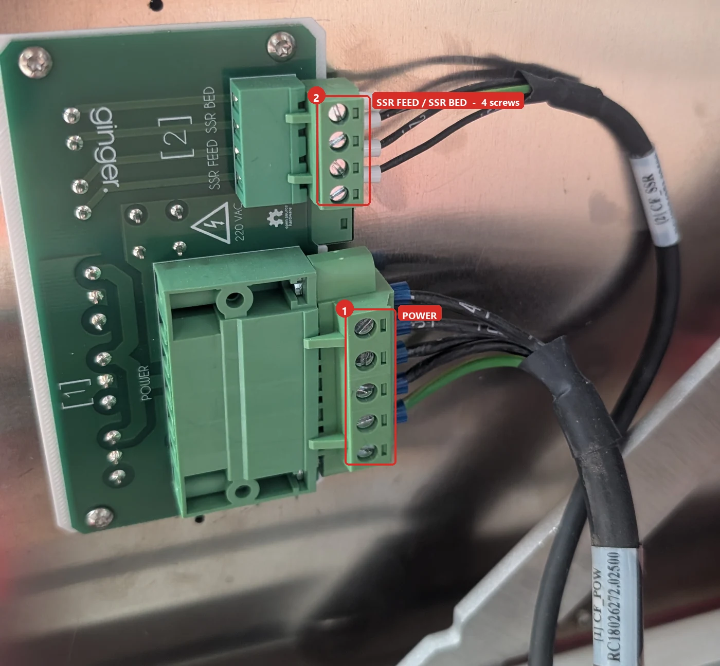 The Ginger board behind the power box: connector 1 marked POWER, connector 2 marked SSR FEED / SSR BED with its four screw terminals