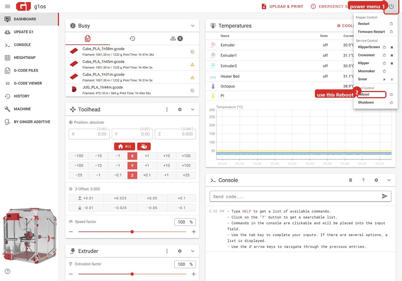 The dashboard with the power menu open. 1: the power icon, top right. 2: Reboot, under Host Control
