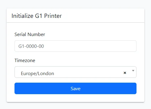 The Initialize G1 Printer form, with the serial number field and timezone selector