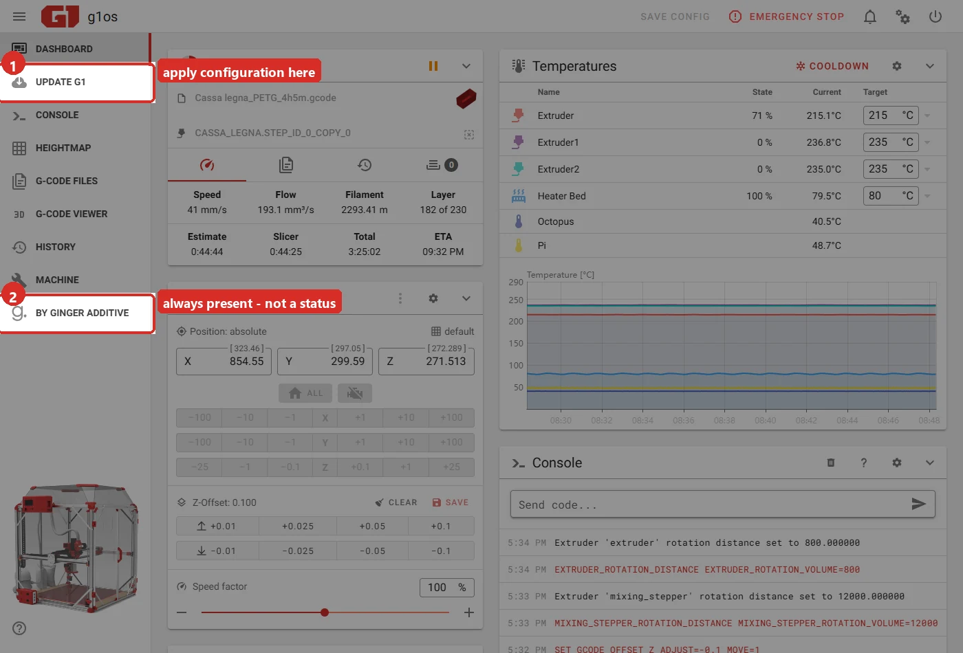 The dashboard sidebar. 1: UPDATE G1, where configuration is applied. 2: by Ginger Additive, which sits below it permanently and is not a status