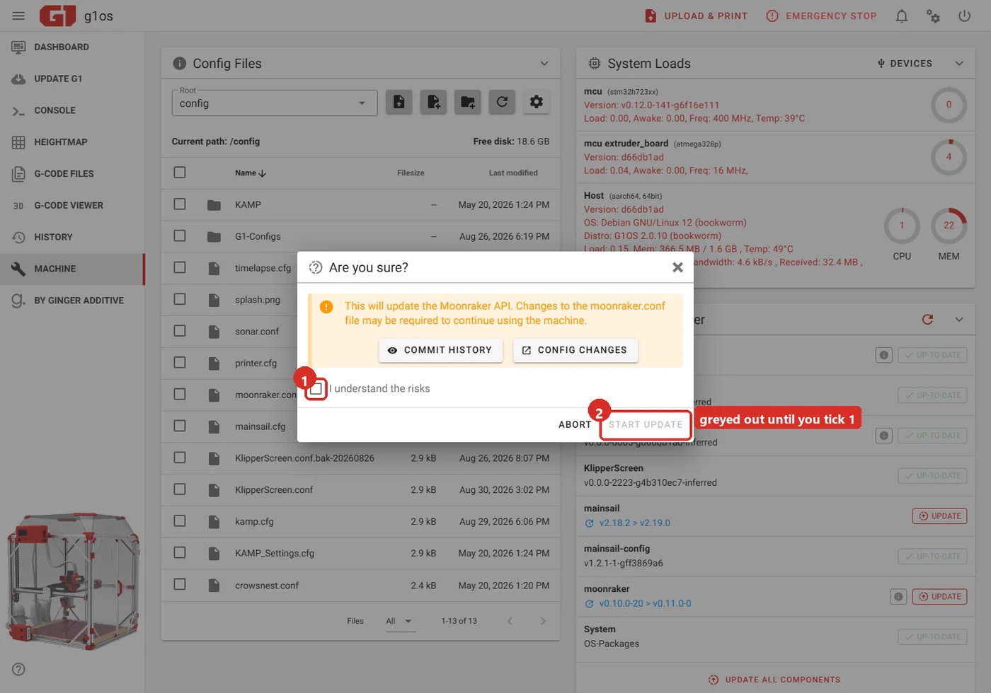 The Are you sure dialog, here for Moonraker. 1: the I understand the risks checkbox. 2: START UPDATE, greyed out until the box is ticked