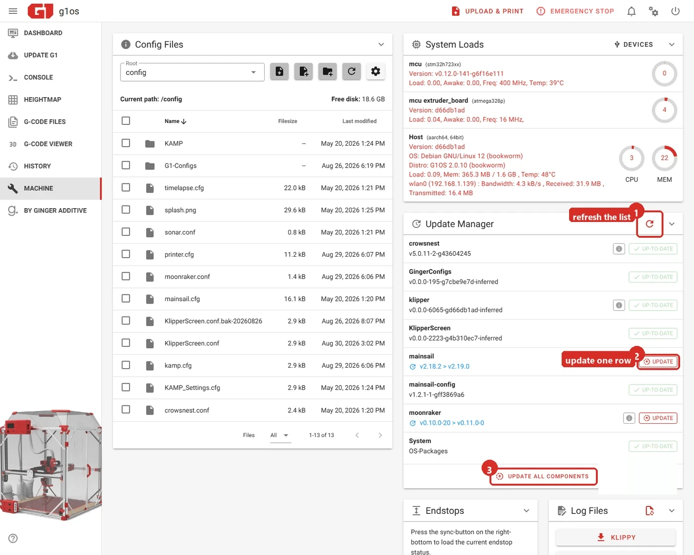 The Machine page. 1: the refresh arrow at the top of the Update Manager. 2: the UPDATE button on a single row. 3: UPDATE ALL COMPONENTS at the bottom
