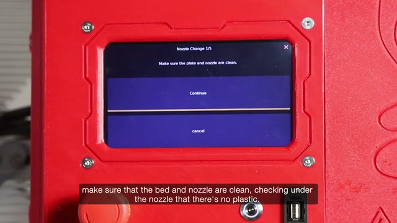 KlipperScreen display showing Step 1 of CHANGE_NOZZLE: "Make sure the plate and nozzle are clean"
