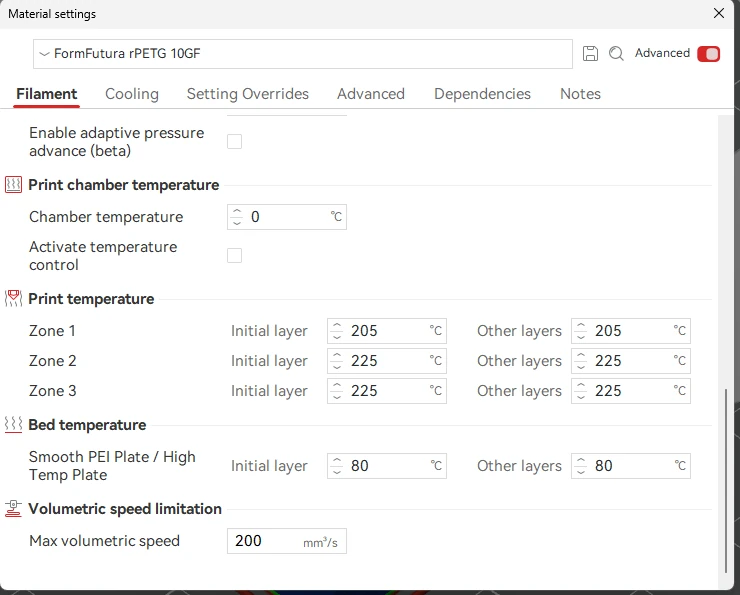 The Material settings dialog: Print temperature with Zone 1, 2 and 3, each having an Initial layer and an Other layers value, then Bed temperature and Max volumetric speed