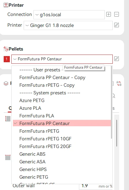 The Pellets panel with the material list open, showing user presets above and system presets below