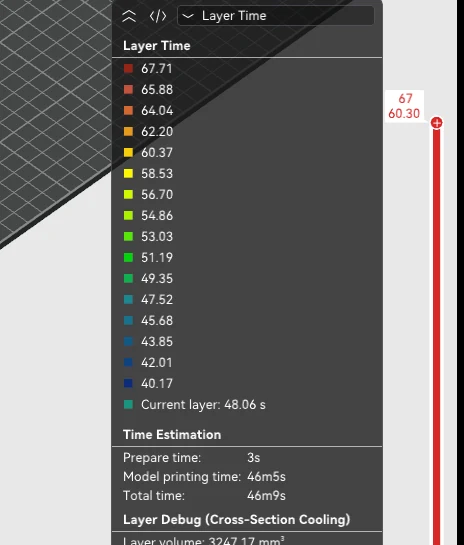 The Layer Time panel: a colour scale in seconds, the current layer, time estimation and the cross-section cooling figures