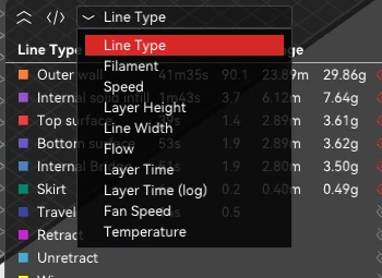 The preview view menu: Line Type, Filament, Speed, Layer Height, Line Width, Flow, Layer Time, Layer Time log, Fan Speed, Temperature