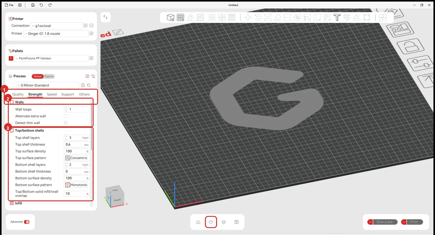 The Strength tab with walls, shells and infill